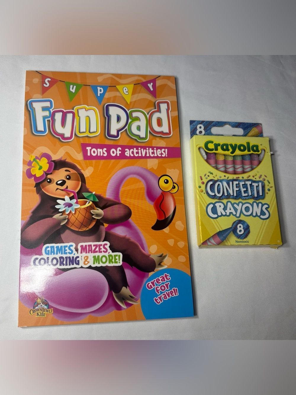 2 New Super Fun Pad & Crayola Confetti Crayons - Yellow, Pink, Blue, Green